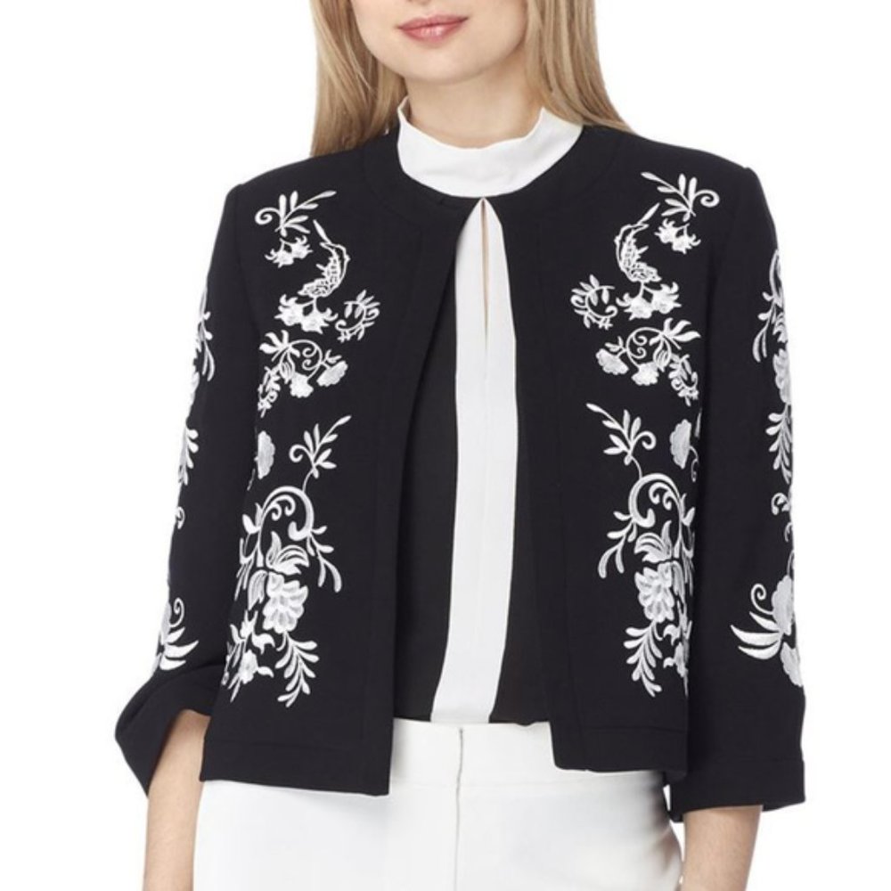 Tahari Embroidered Floral Print Crepe Jacket Black